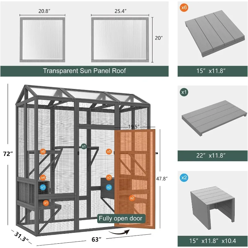 حاوية قطط خارجية، منزل قطط كبير للقطط المتعددة يمشي في قفص القطط مع غطاء مقاوم للماء وسقف لوحة أشعة الشمس، حرمية
