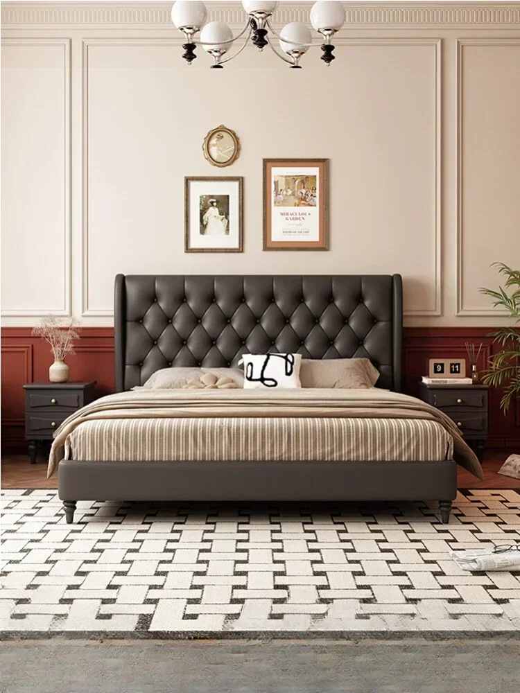 

N42 Modern Bedroom Soft Pack Bed French Retro Domestic Double Bed Black Rhombus Soft Cushion Solid Wood Bed