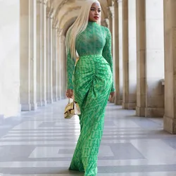 New Fashion Letter Print Two Piece Set Womens Sexy See Through Mesh Long Sleeve Shirt Top & Back Zipper Ruched Maxi Skirt