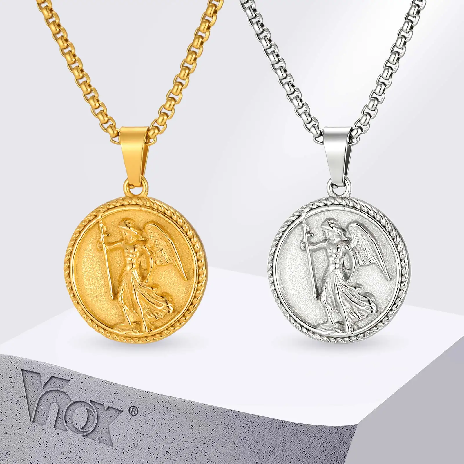 Collier avec pendentif de l'archange Michel Vnox pour hommes, médallion en forme de pièce d'ange rétro, chaîne en acier inoxydable, bijoux cadeau