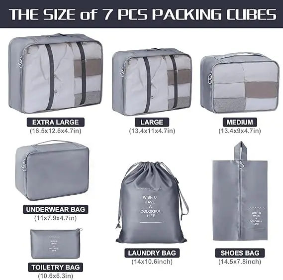7pcs Travel Storage Bags Set Suitcase Organizer Luggage Packing Set Cube Bag Portable Waterproof Travel Clothes Shoe Tidy Pouch