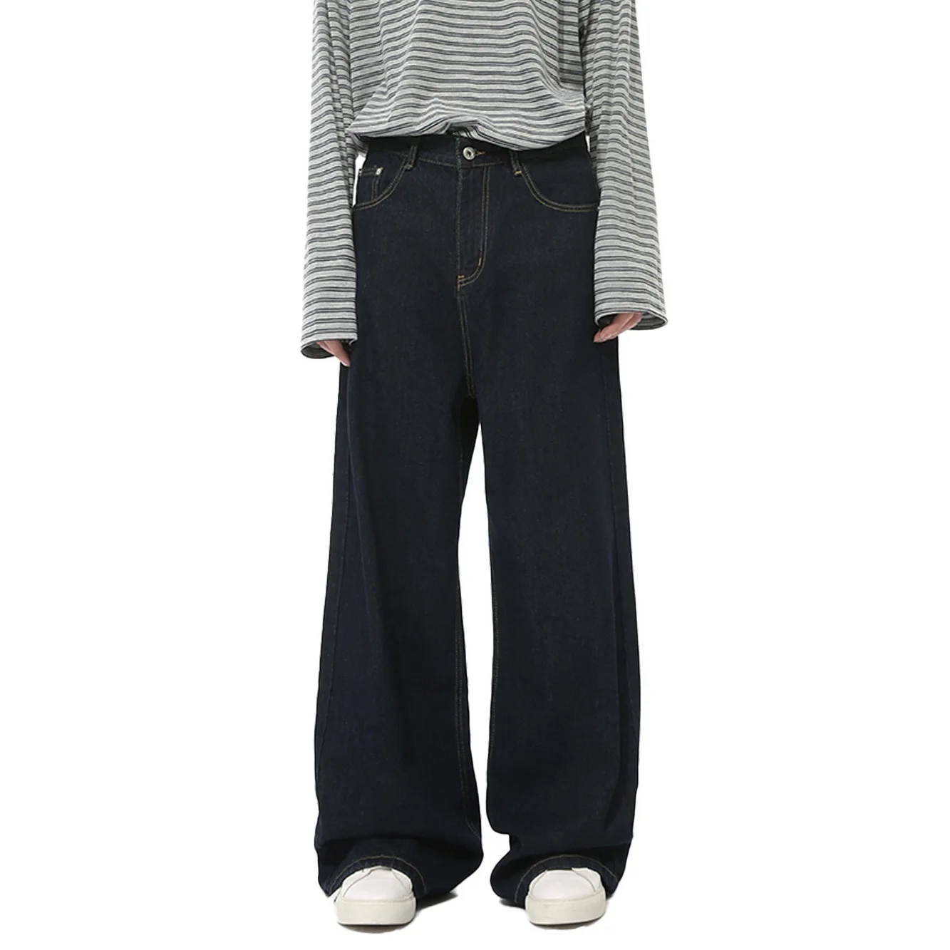 

Четыре сезона, новая мода, мужские корейские винтажные темно-синие широкие джинсы, брюки, повседневные модные свободные джинсовые брюки, мужская уличная одежда