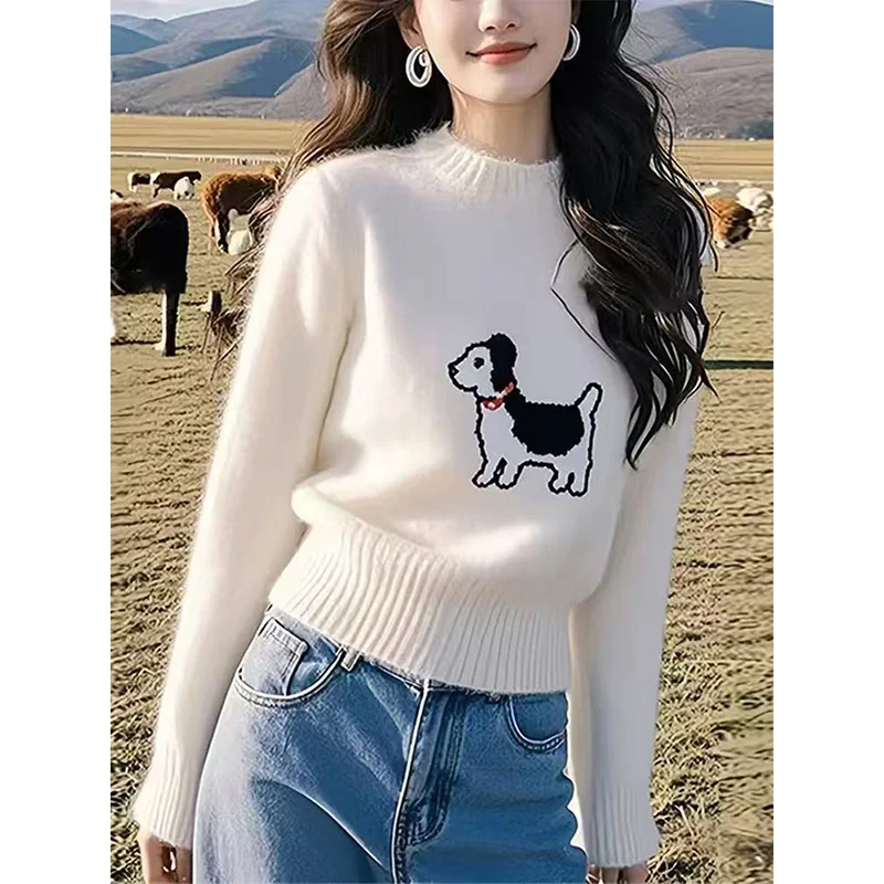 Autumn Winter Casual Soft Loose O-neck Commute Sweaters Women's Clothing Fashion Dog Cartoon Jacquard Knitted Pullovers