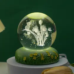 3D Crystal Ball Rose Carnation Flower Crystal Ball Night Light with Glowing Base Glass Ball Ornaments Mother's Day Birthday Gift