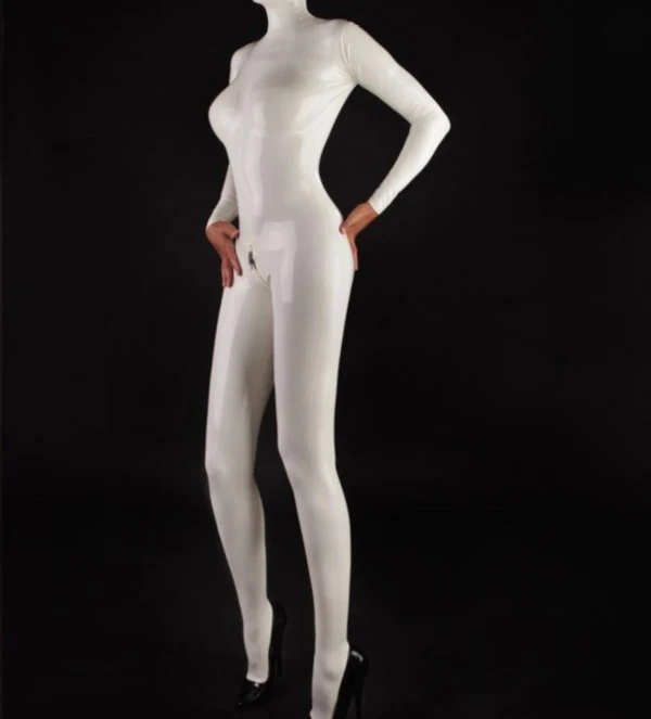 

White Latex Catsuit Rubber Suit Bodysuit Leotard 3D Breast Back Crotch Zipper with Socks