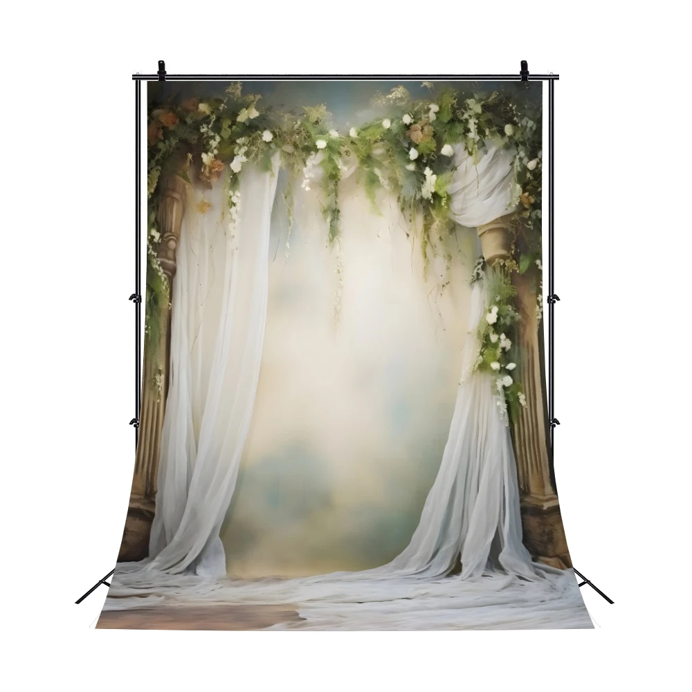 Wedding Portrait Photography Backdrop Boho Style Flowers Window Curtain Bridal Shower Birthday Party Background Photo Studio