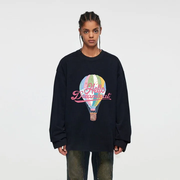 Hot Air Balloon Pattern Printed Crew Neck Sweatshirts 2025 New Retro Fashion Y2k Clothes