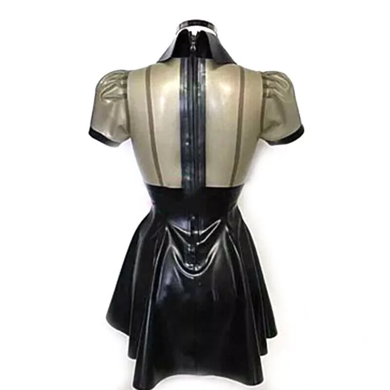 Women Latex Dress Cosplay Splicing Transparent Back Zipper Translucent Party Skirt