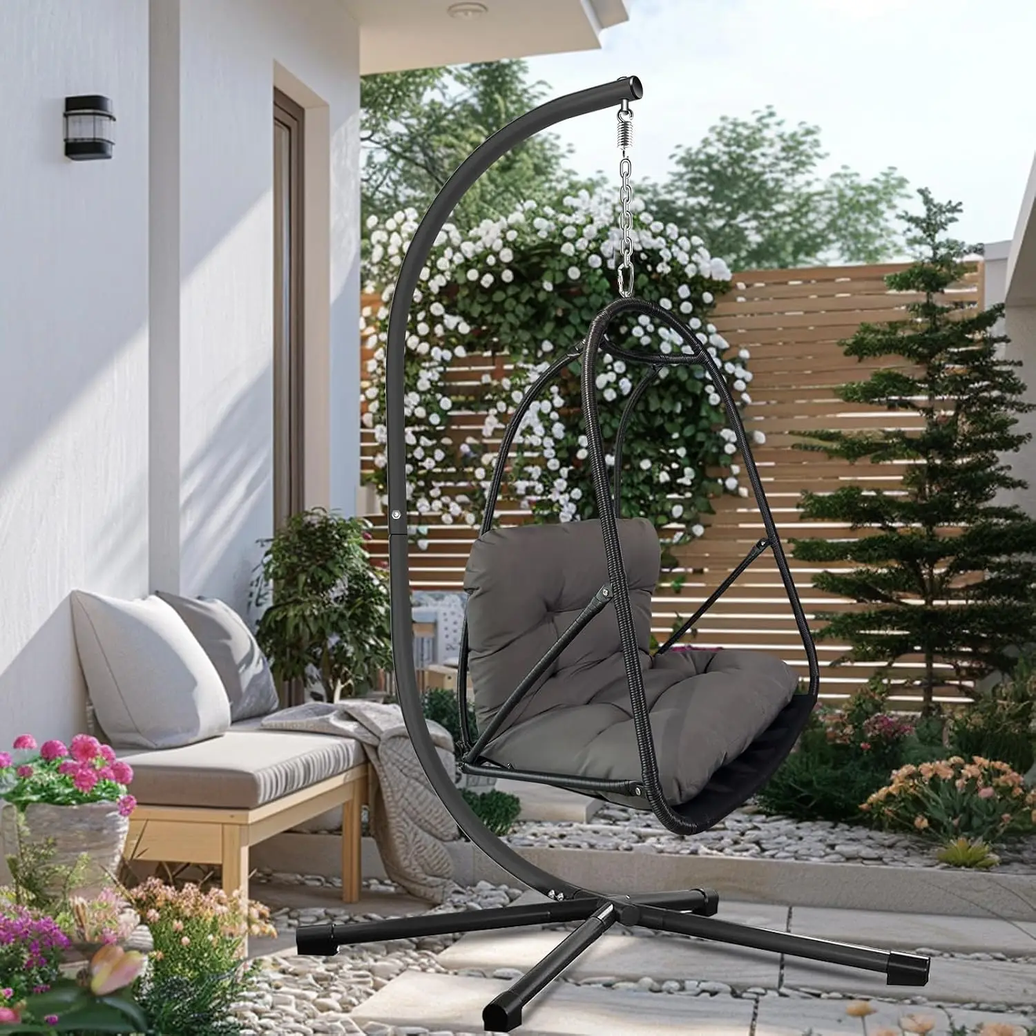 Wicker Rattan Hanging Egg Chair with Stand, Cushion & Cup Holder, Indoor Outdoor Patio Swing Chair, 350lbs, Customized