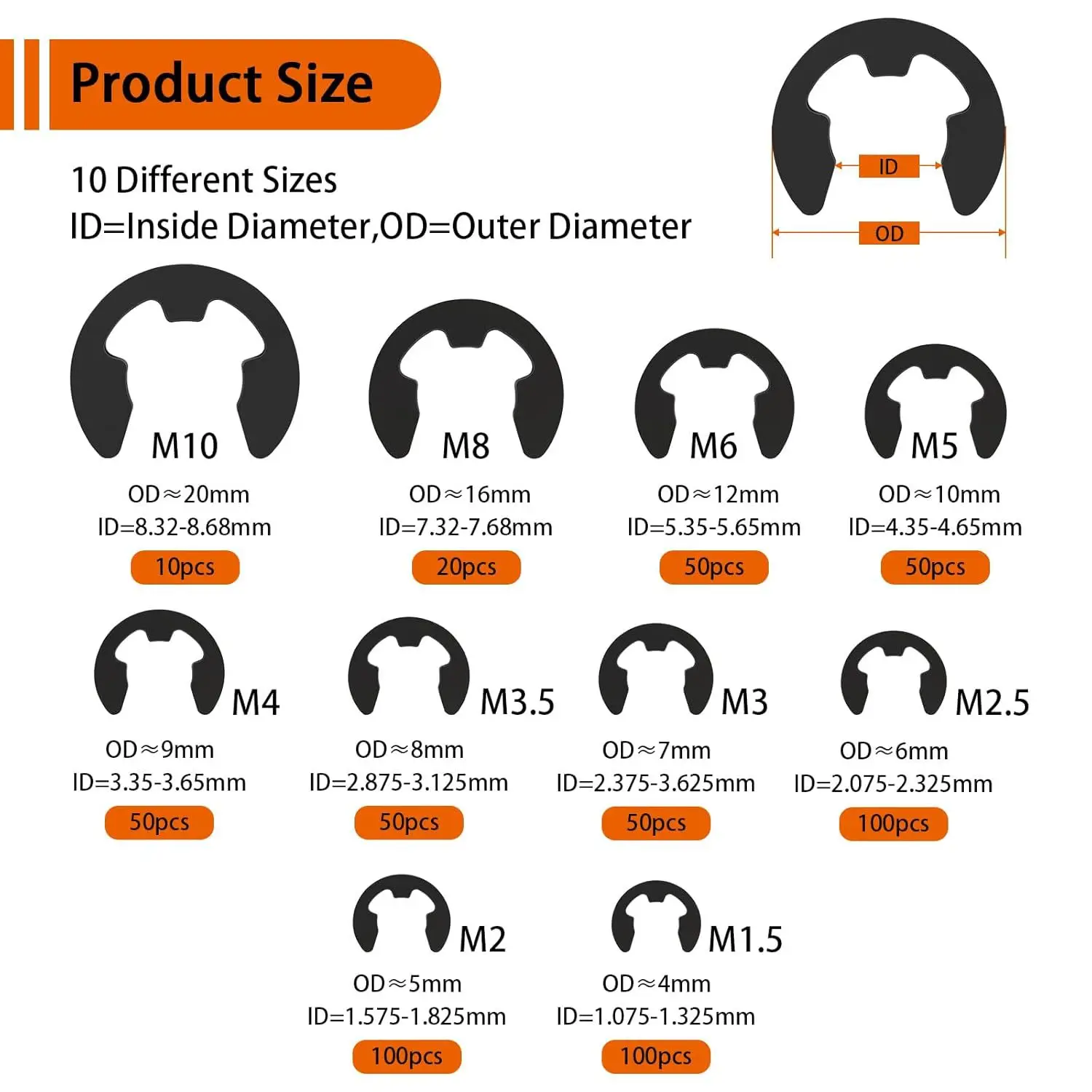 580Pcs Black 65 Manganese Steel E Clip Assortment Kit 10 Sizes M1.5 to M10 External Retaining Ring