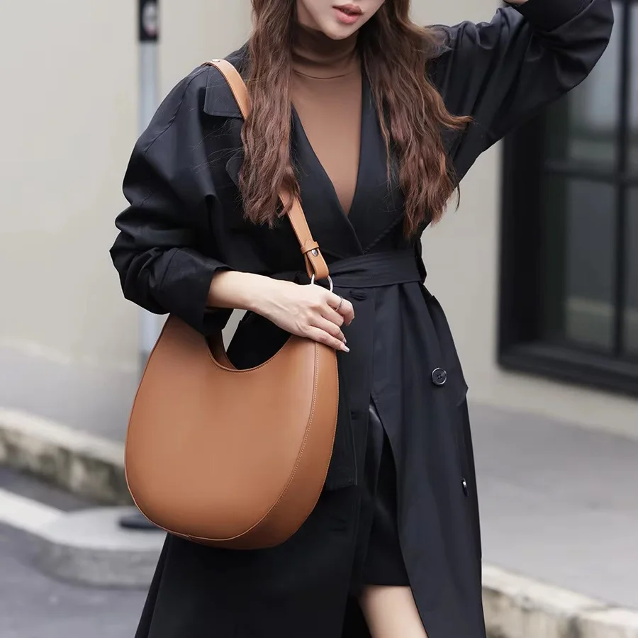 Fashion Genuine Leather Half Moon Shoulder Bags For Women Female Crossbody Bags Large Capacity Tote Bag  Underarm Bag