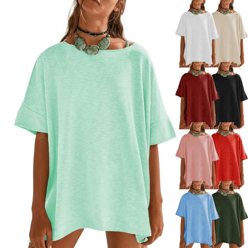 

Tees Women T Shirt Loose Half Sleeve Spliced Round Neck Casual Shirts Tops T-Shirts Streetwear Solid Slight Strench Summer 2025