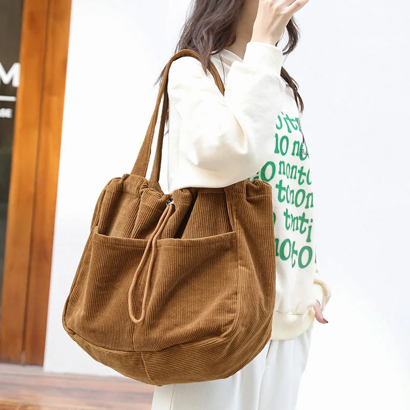 

Simple Casual Totes Teenager Students Corduroy Shoulder Bag Women Large Drawstring Handbag Ladies Shopping Bags bolsas de mujer