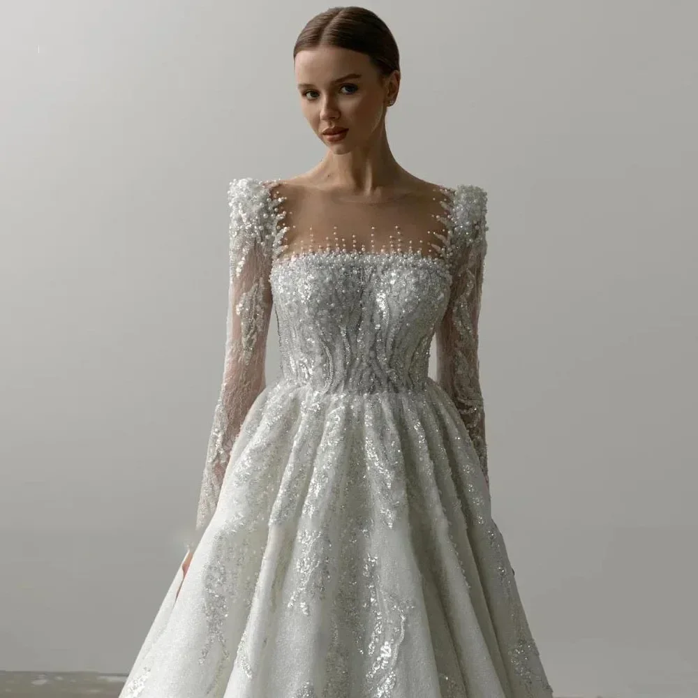 

Flavinke Customized Luxury a Line Bridal Gowns Square Neck Long Sleeve Wedding Dresses Lace Beaded High Quality Women Clothing