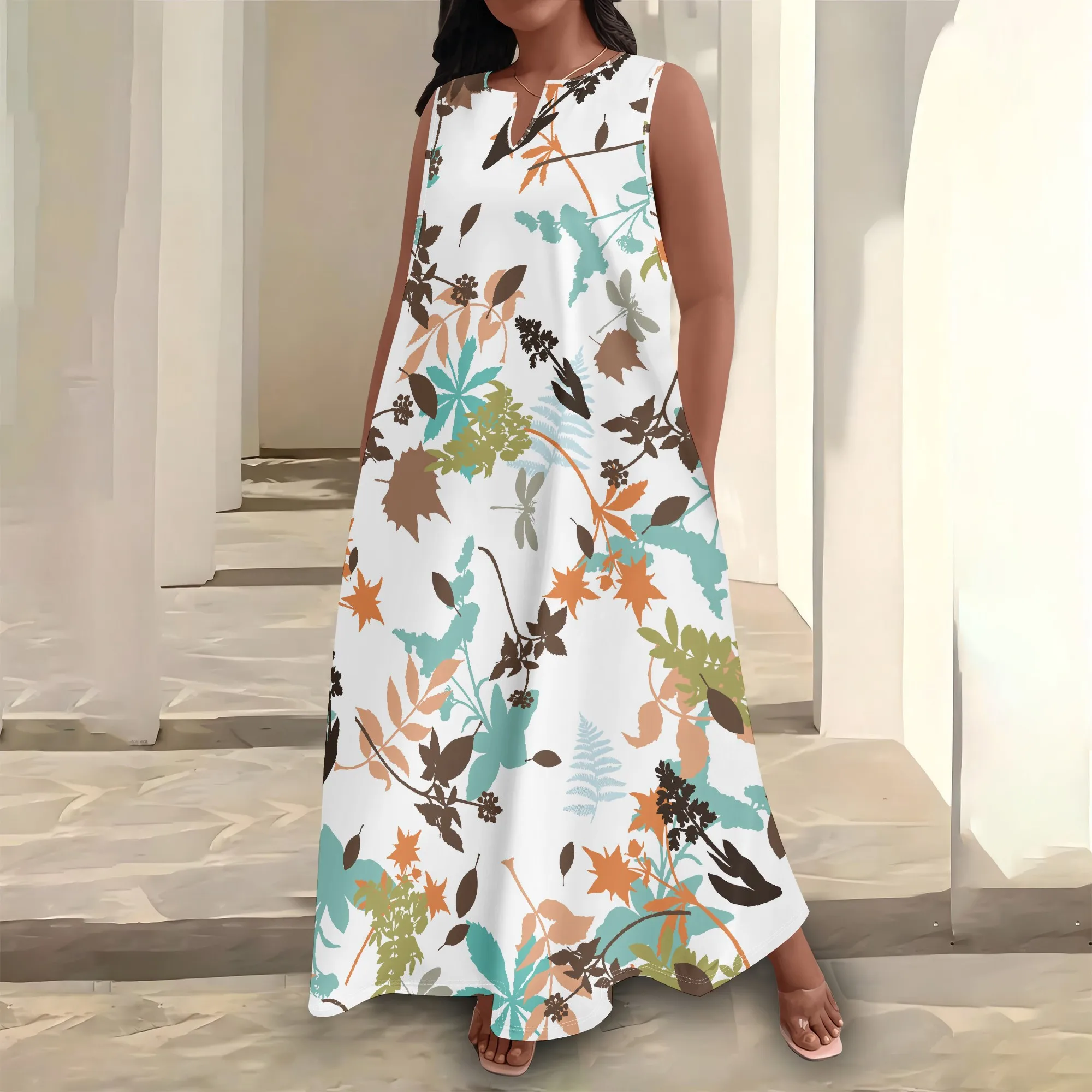 

Plus Size Women's Summerl Fashion Printed African Style Sleeveless Round V Neck Dress Loose And Casual Dress