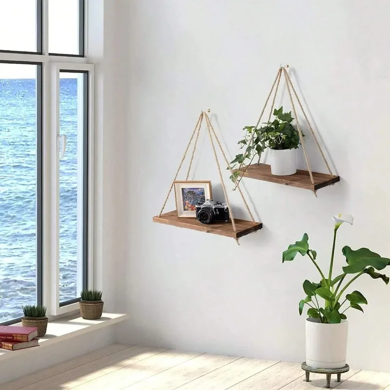 

Wooden Swing Hanging Hemp Rope Wall Shelve Mounted Floating Home Room Plant Flower Pot Tray Storage Rack Garden Decoration