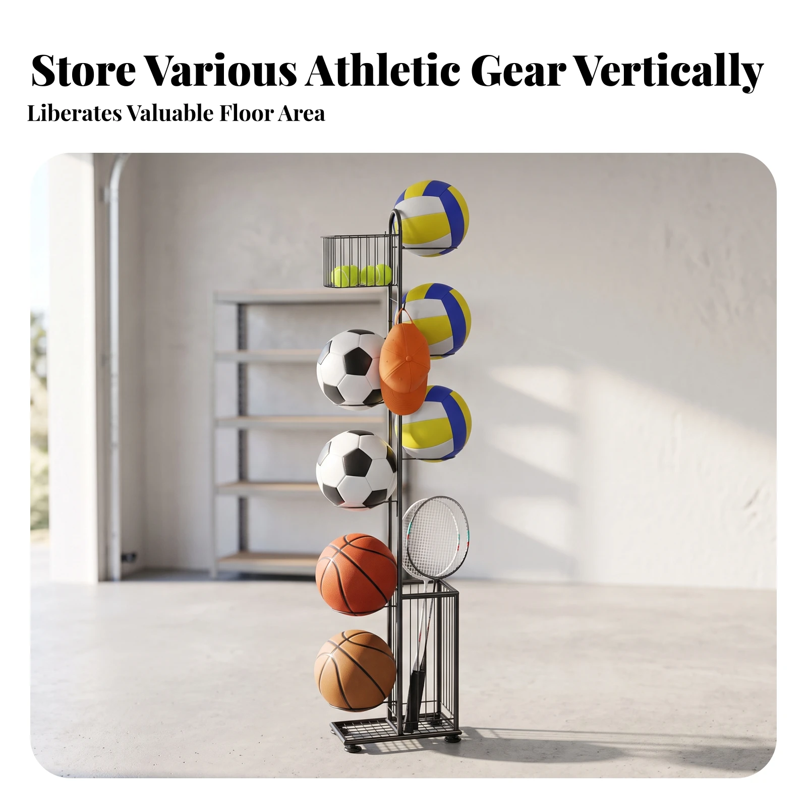 Sports Equipment Organizer with Basket Heavy Duty Sports Storage Rack with Basket Vertical Ball Rack Multi-Function Freestanding