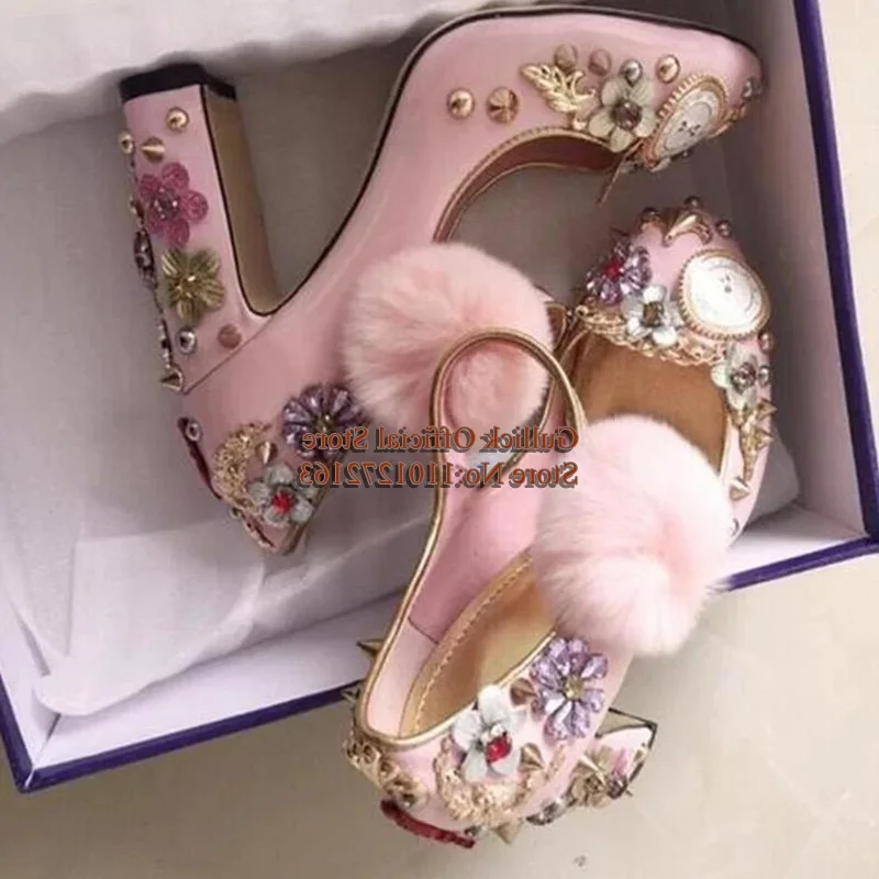 Vintage Watches and Clocks Crystal Heels Pumps Pink Pom Pom Decor Chunky High Heel Dress Shoes Women Diamond Wedding Shoes view 5