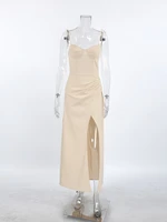 Elegant Beige Summer Corset Maxi Dress Women Sexy Side Split Ruched Bodycon Dresses Chic Sleeveless Party Night Clubwear Robe - Image 6