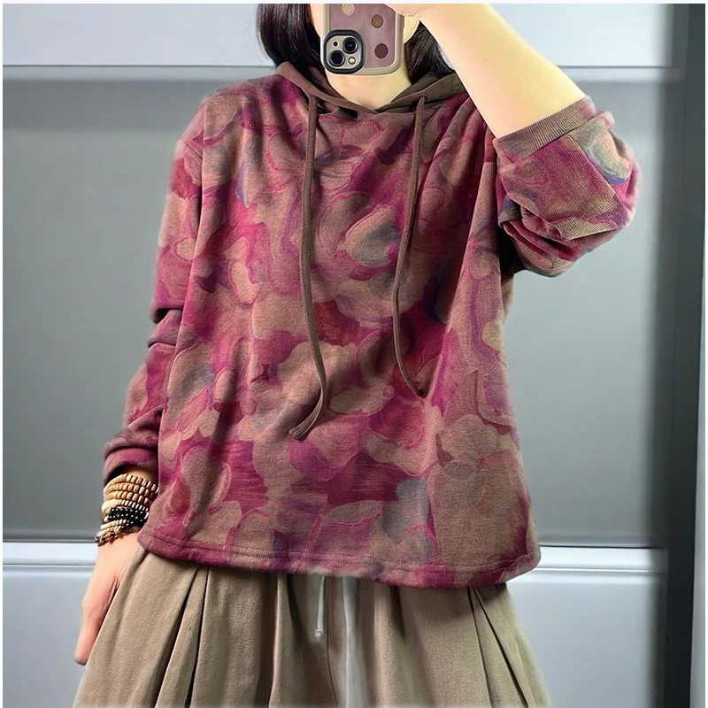 2025年秋韓国ファッション服 レディース プリント入りフード付きスウェットシャツ レディース ラグジュアリー ルーズ ヴィンテージ カジュアル 花柄パーカー
