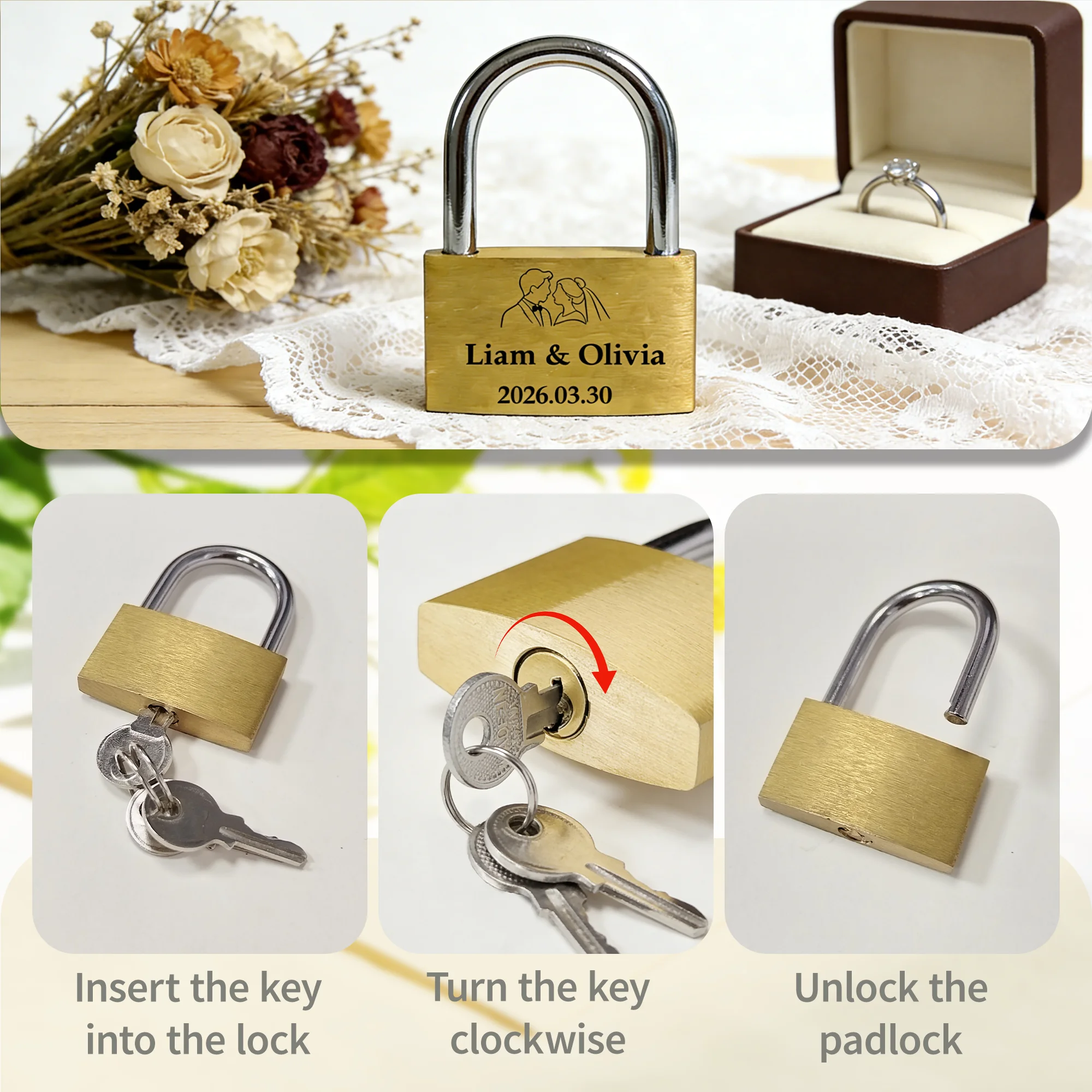 Personalized Engraved Brass Heart Padlock 3 Keys Outdoor Love Lock For Wedding Anniversary Valentines Couple Love Bridge Him Her image 5