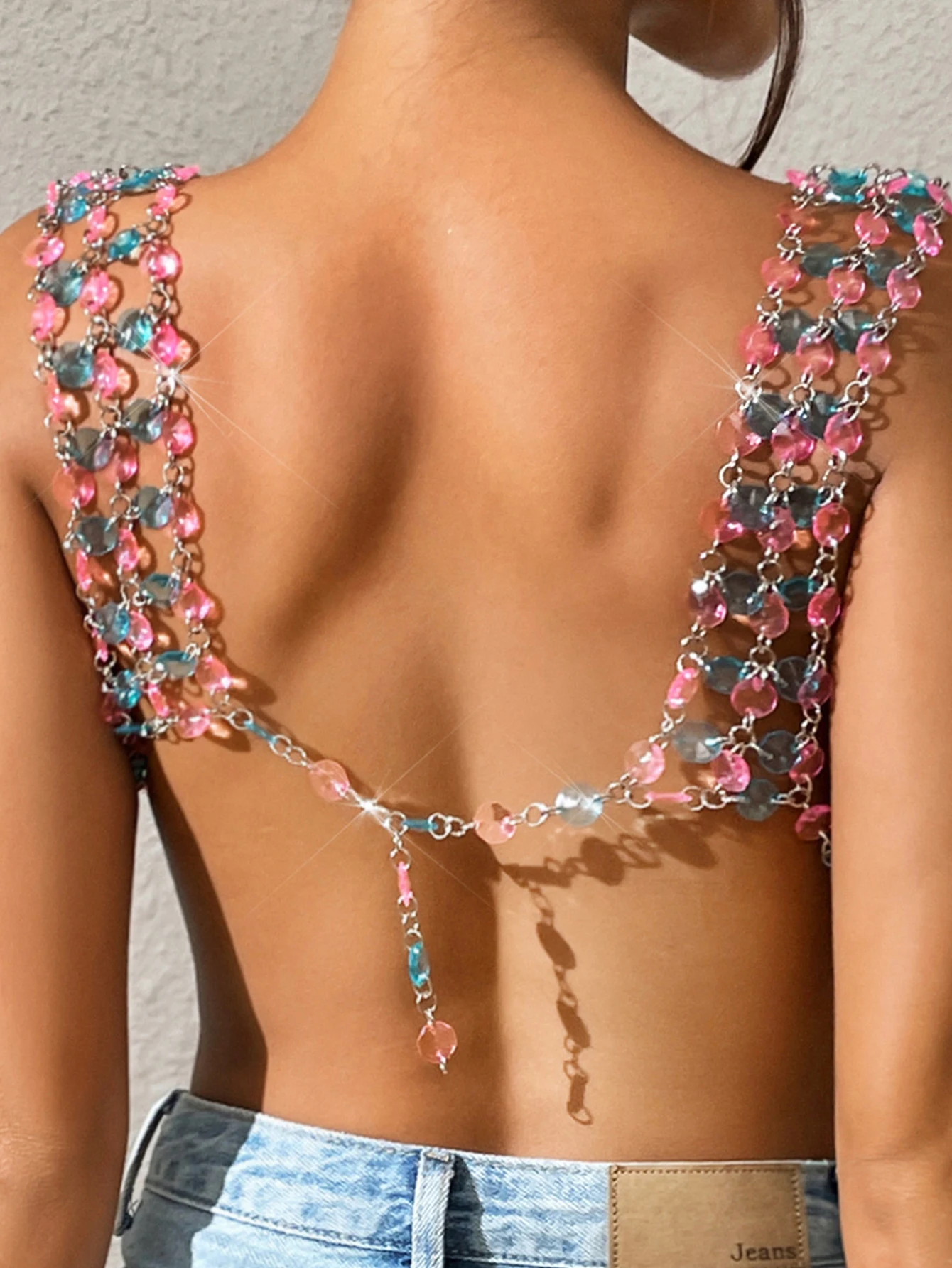 Sexy see through metal rhinestone Crop top women summer halter beach party tank top Club rave festival outfit cropped y2k Tops