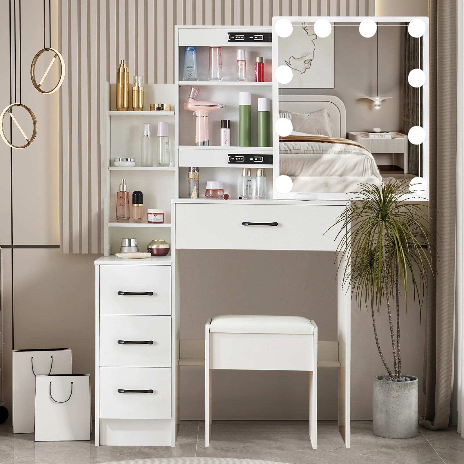 White Wooden Vanity Dressing Table Set with Adjust the Lighting LED Lights Sliding Mirror & Stool Storage Desk Cosmetic Bedroom