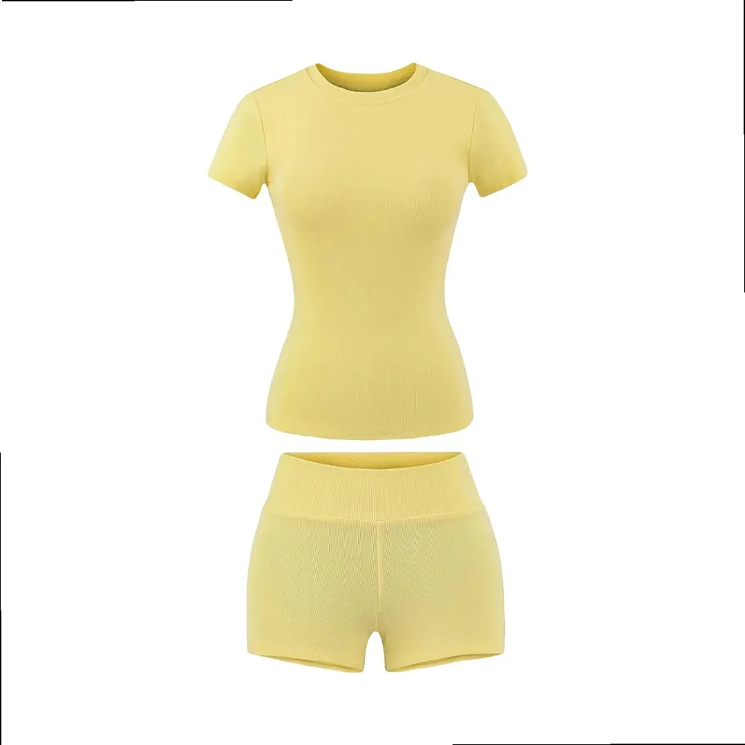Basic Round Neck Padded Shoulder Short Sleeve Tee Tops for Women Low Waist Bodycon Hot Shorts Matching Set
