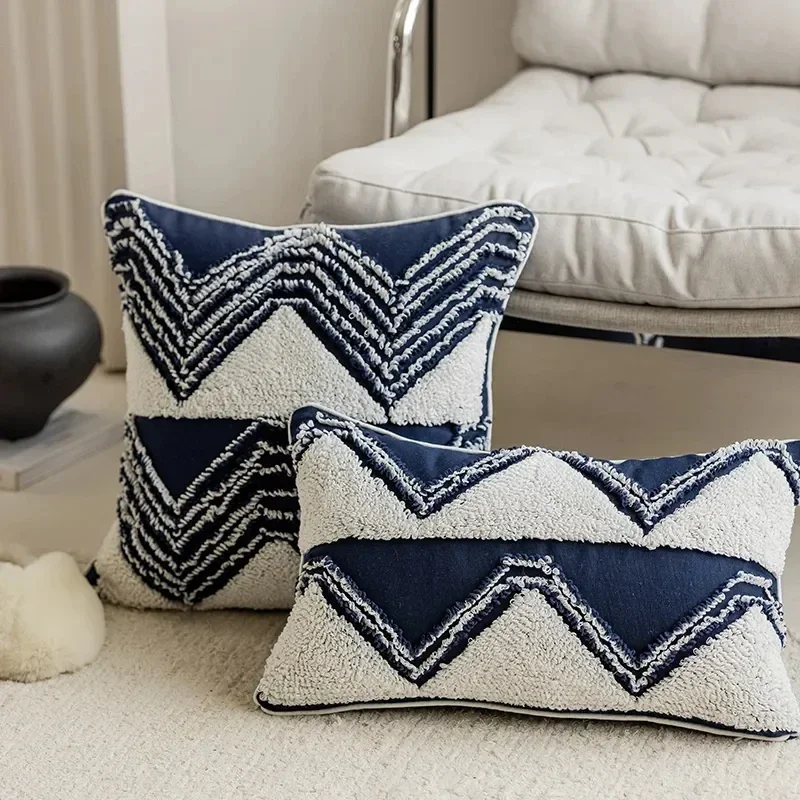 Boho Navy Blue Tufted Cushion Cover Geometric Loop Tufting Pillow Covers Plush Tassel Patchwork Decorative Pillows for Sofa