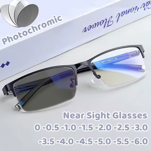 Business Color-changing Male Female Near Sight Glasses Half Frame Myopia Glasses Ultra Light Outdoor Driving Protection Glasses