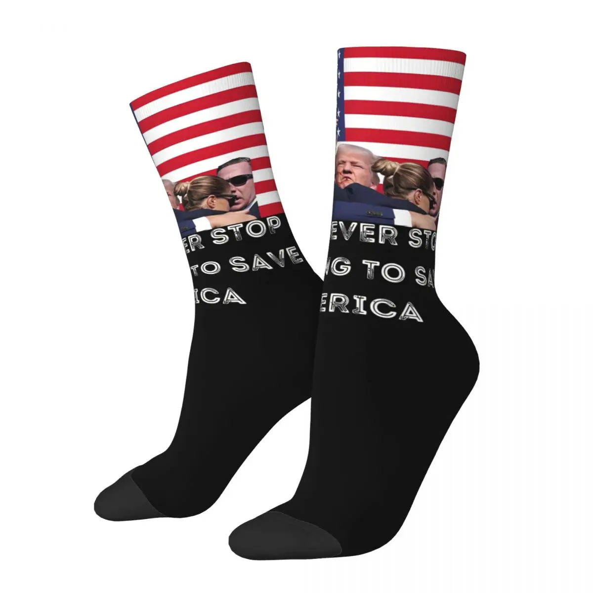 Support Trump Rally Shooting Socks for Women Men Merchandise All Seasons Fighting To Save America Crew Socks Sweat Absorbing