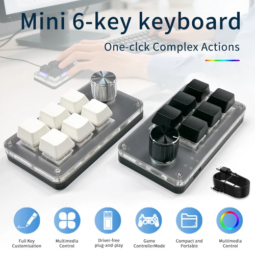 Imagen 1 del producto Mini teclado de programación personalizado, 6 teclas, 1 perilla, programación RGB, Macro, teclado con perilla para juegos, teclado mecánico de intercambio en caliente con cable USB