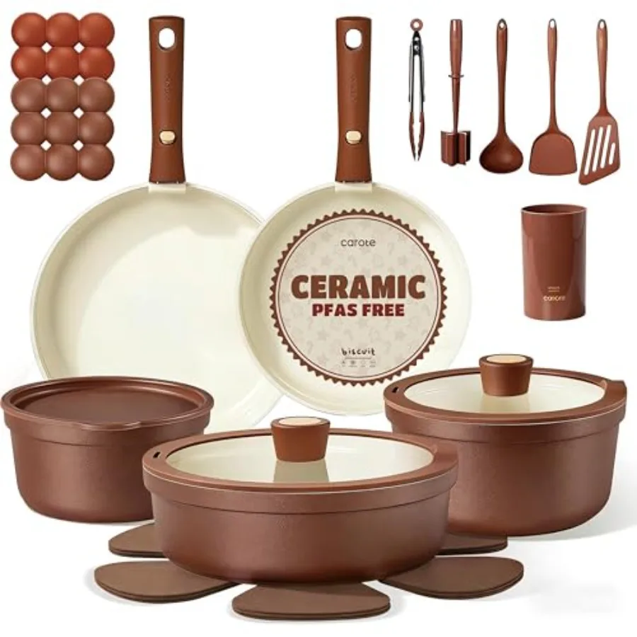 

22Pcs Ceramic Cookware Set, Pots and Pans Set Non Stick Removable Handles, Non Toxic Cookware Oven/Dishwasher Safe, Induction C