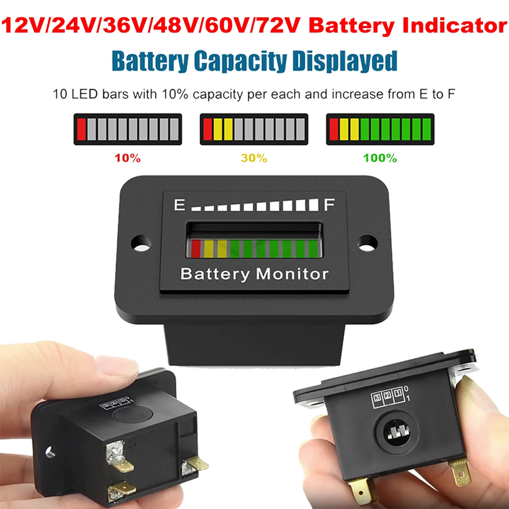 LED Battery Indicator 12V 24V 36V 48V 60V 72V Battery Power Monitor Waterproof Lithium Acid Monitor Gauge for Golf Cart RV Boat