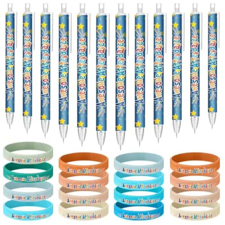 

80 Pcs Classroom Awesome Attendance Mechanical Pencils with Silicone Wristbands Inspirational Rubber Bracelet for Classroom Sun