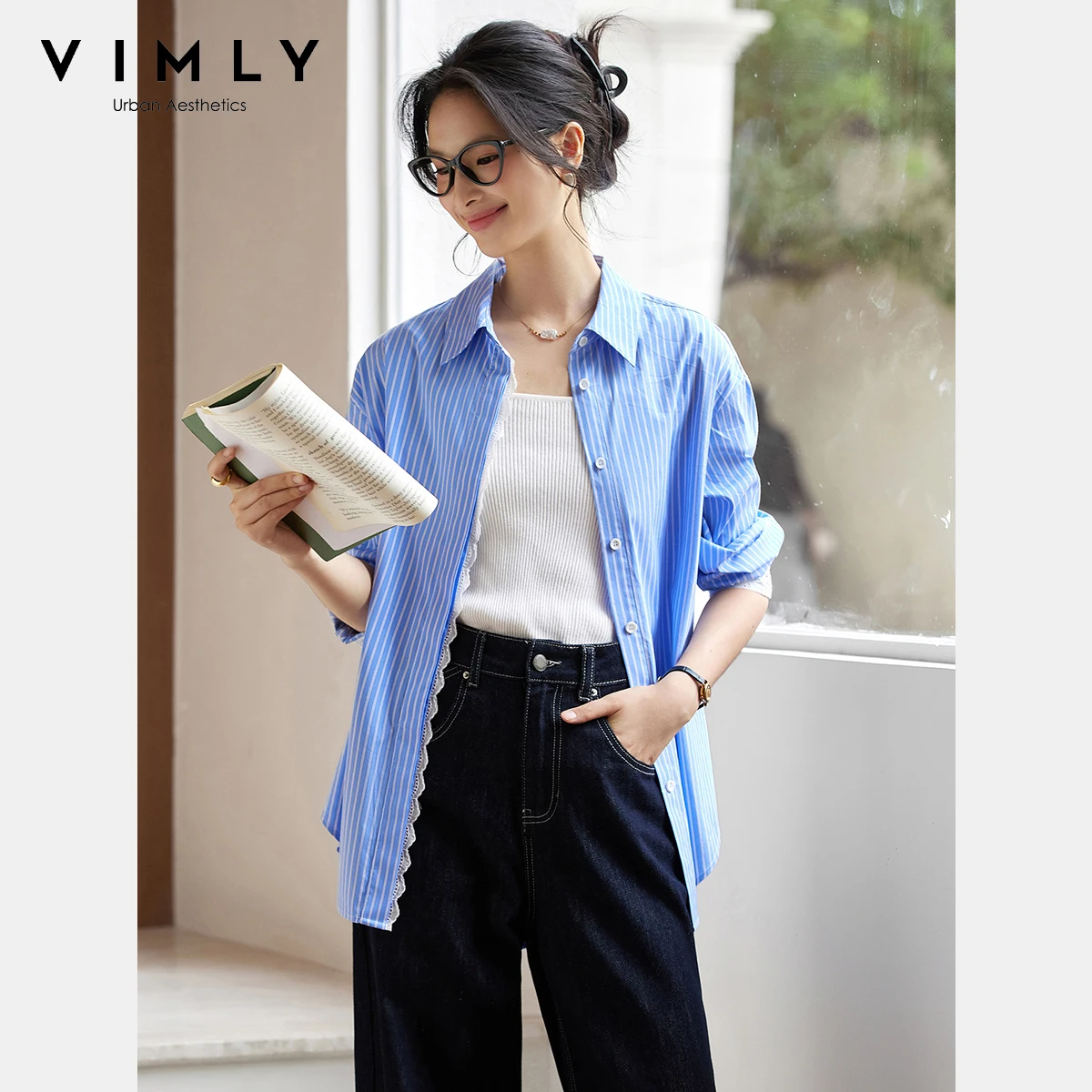 VIMLY bleu rayé chemise 2025 automne femmes à manches longues col Polo tenue de bureau femme Blouse dentelle boutonné dames chemises A2201