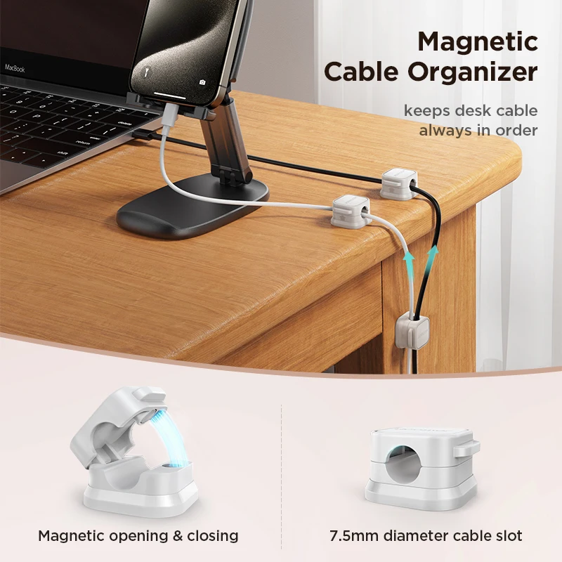 Joyroom 3/6Pcs Magnetic Cable Clips Cable Smooth Adjustable Cord Holder Under Desk Cable Management Wire Keeper Cable Organizer