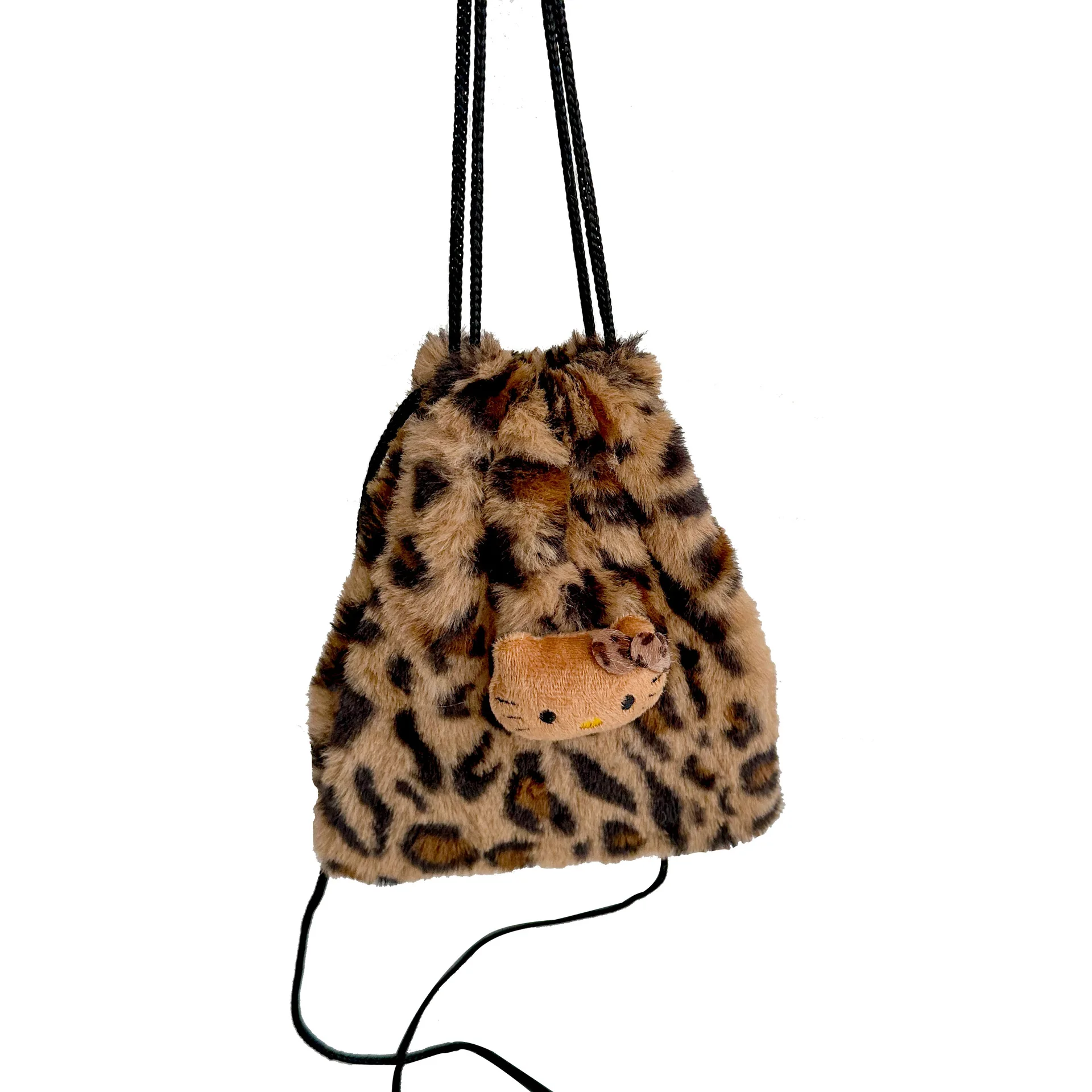 Cartoon Hellos Kittys Girls Makeup Drawstring Storage Bag Plush Retro Leopard Print Crossbody Bag Women\'s Shoulder Bags Compact