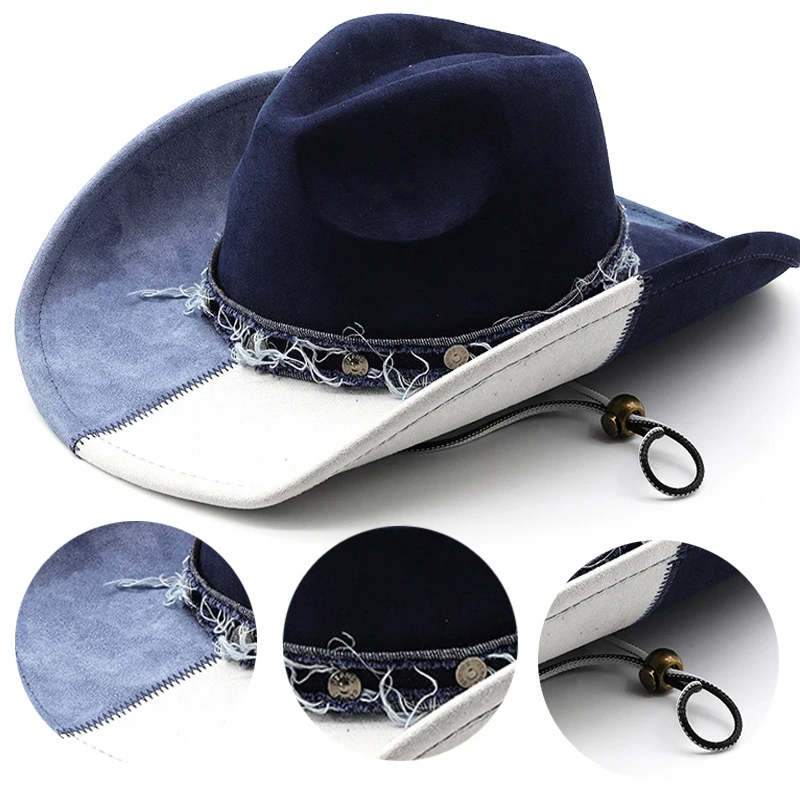 

Fashion Suede Cowboy Hat Color Blocking Western Winter Cowgirl Hat Wide Brim Outdoor Party Holiday Women Men Panama Jazz Hats