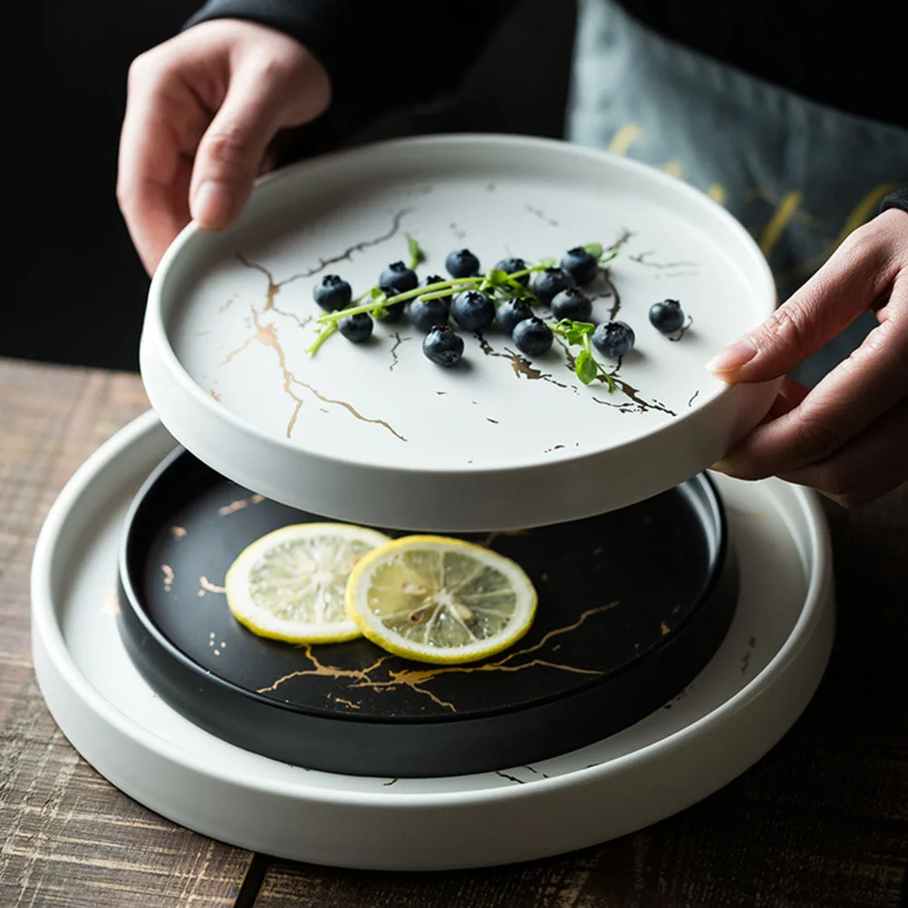 

Ceramic Marbling Dinner Plate Waterproof Round Plate Nordic Style Breakfast Dessert Snack Porcelain Serving Tray Elegant