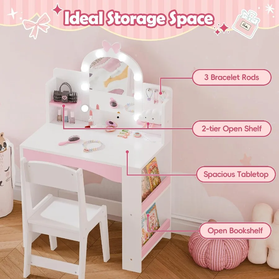 Vanity with Lights, Princess Makeup Vanity Table and Chair Set for Girls, Toddler Vanity Desk with Open Bookshelf, Storage Cabi