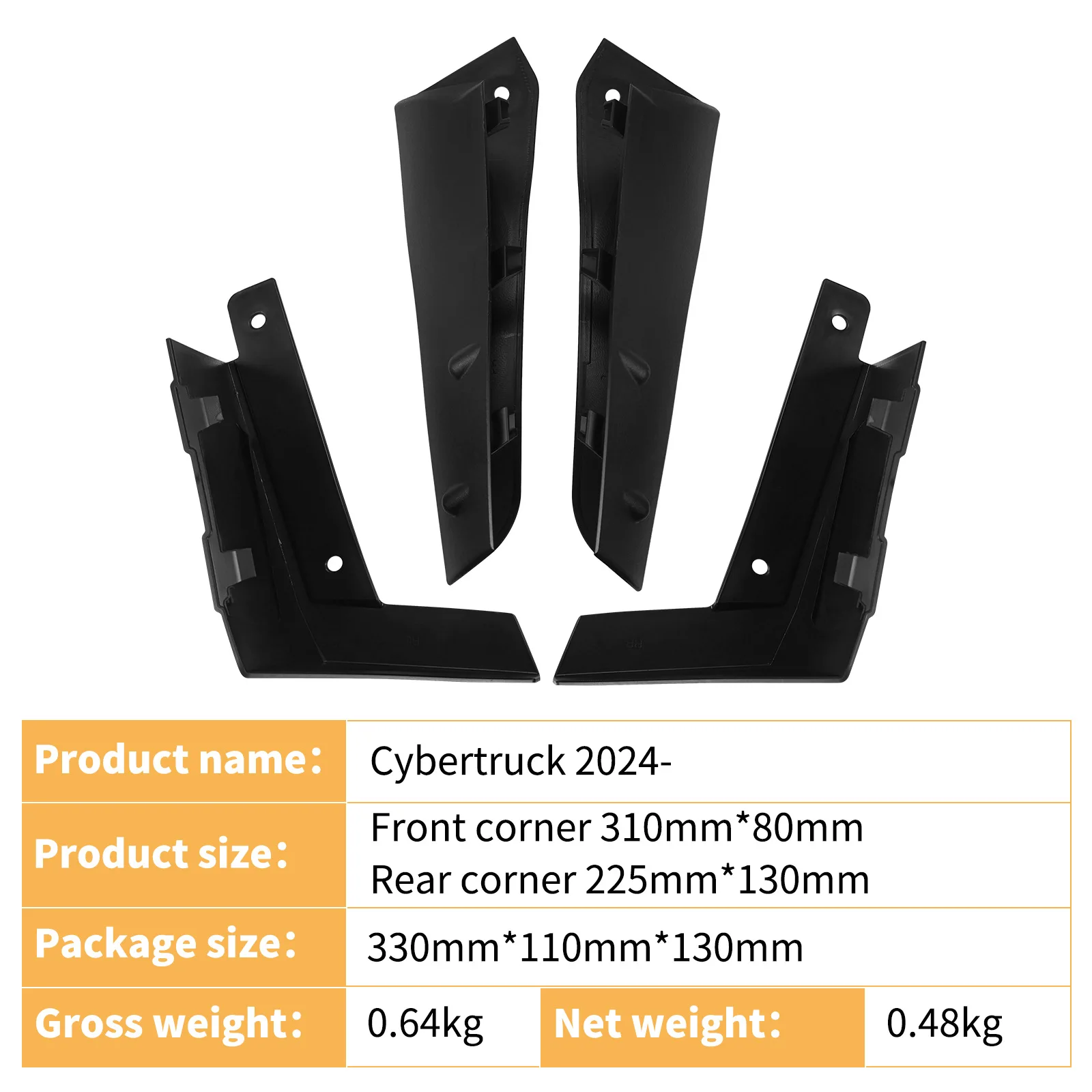 Guardabarros para Tesla Cybertruck 2024, camioneta pickup, esquinas de las puertas delanteras, laterales inferiores, guardabarros.