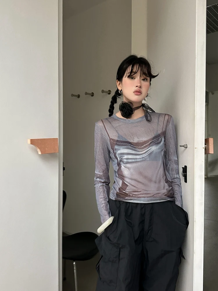 Yedinas Y2k Mesh Tops Long Sleeve T Shirt Women Clothes Sheer T Shirt Women Clothes Summer Tops Chic See Through Tees Tshirts