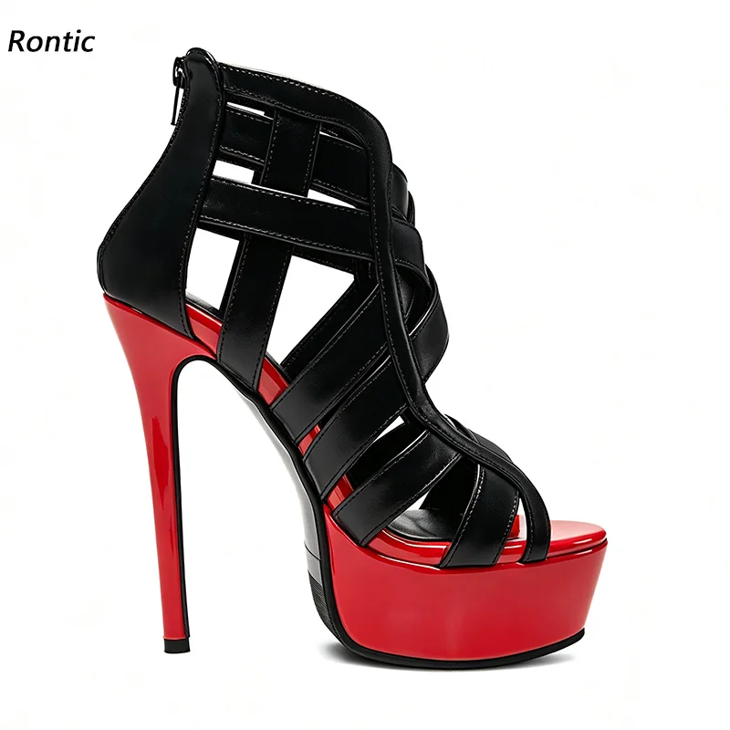 Rontic Women Round Toe Platform Sandals Crisscross Cutout Straps Stiletto Heels Back Zipper Nightclub Ladies Shoes US Size 5-20