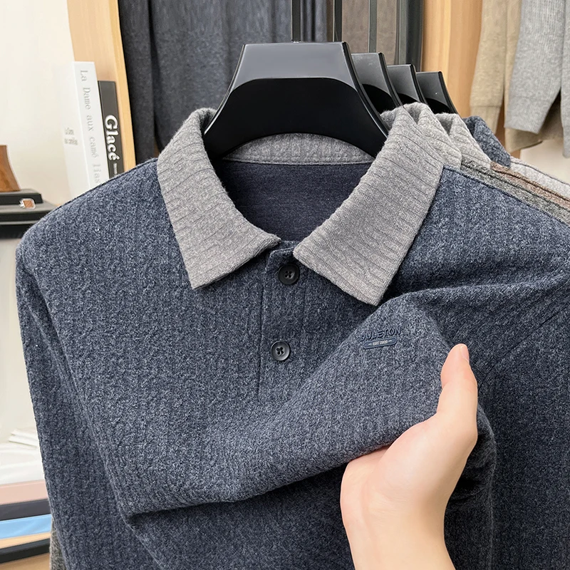 Hochwertiges Herren-Poloshirt mit Print, Herbst-Neuheit, Komfortables Langarm-Shirt mit Kragen, Einfarbiges T-Shirt, Modische Business-Herrenbekleidung – Detail 9