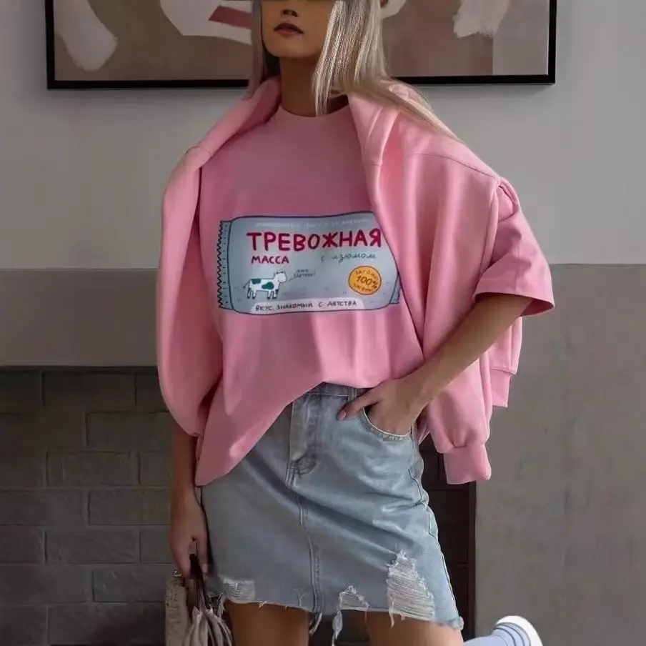 Russian Letter Printing Summer New 100% Cotton T Shirt Women's Fashionable O-Neck Loose Short Sleeved Female Casual  Hip Hop Top