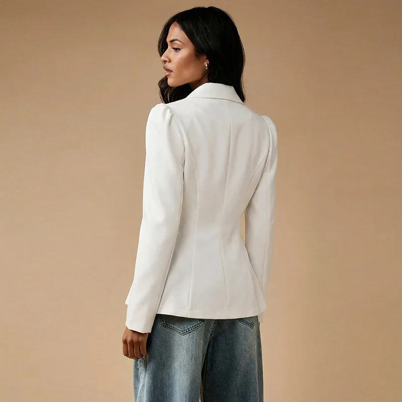 Women Solid Blazer Jacket Lapel Double Beasted Long Sleeve Formal Coat Outerwear Tight Waist Slim Fit Work Casual Autumn Winter