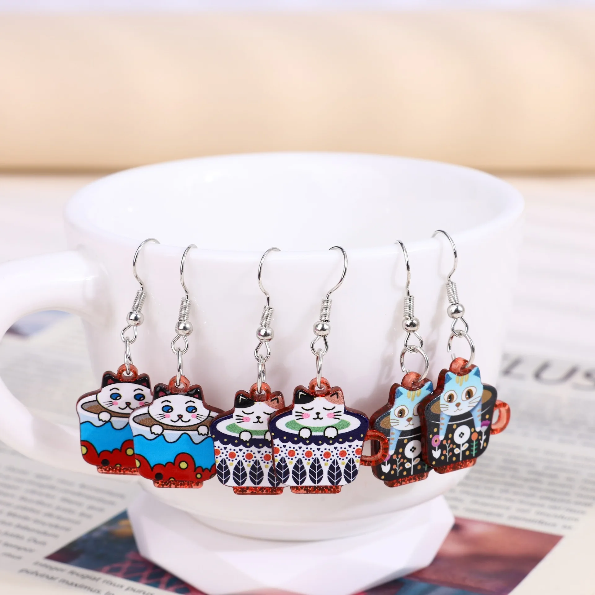 Glitter Acrylic Cute Cat Coffee Cup Drop Earrings for Women Ear Rings Butterfly Heart Flower Pendant Jewelry Gift 1 Pair