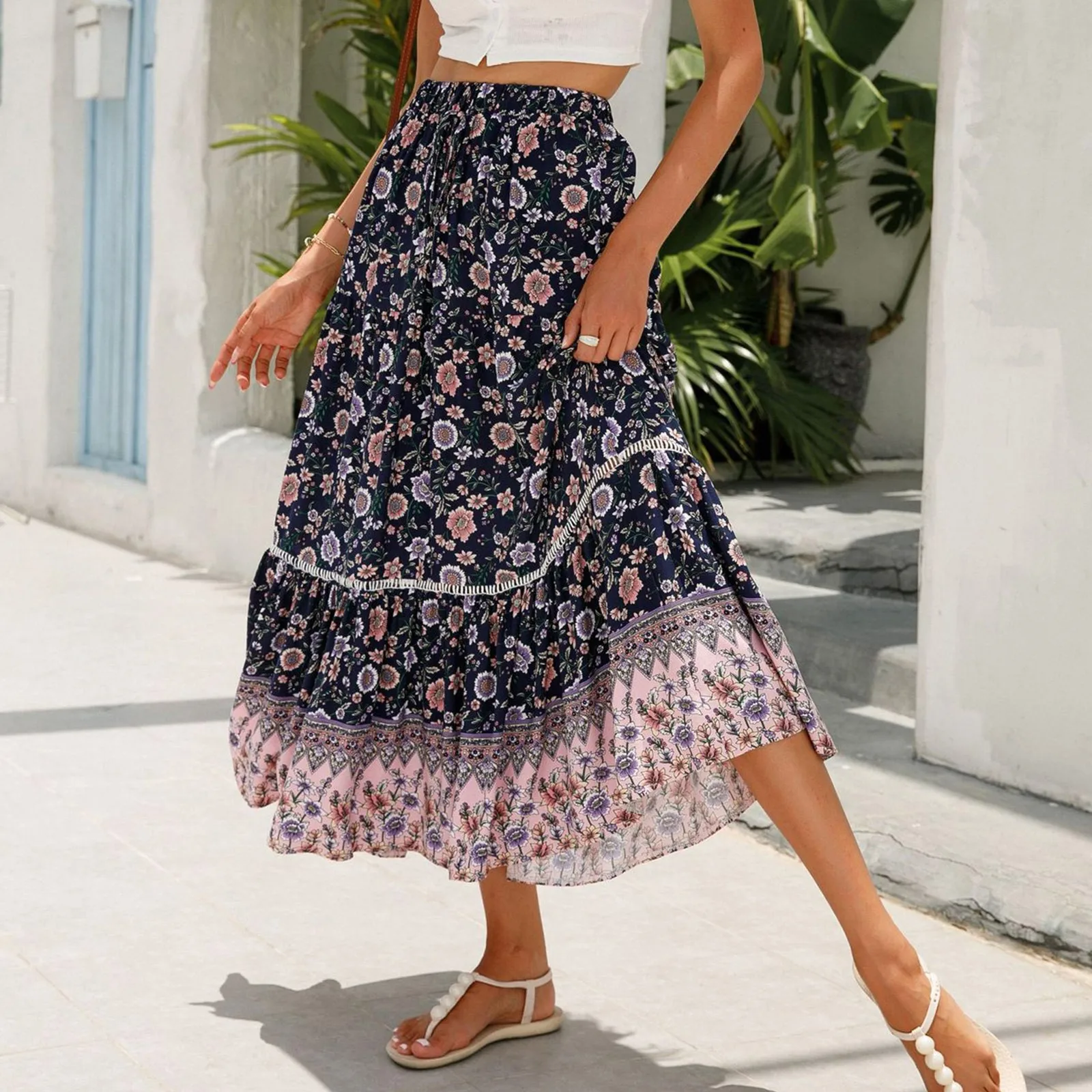 

Oversized Summer Striped Print Loose Skirt Women High Waist Fashion Casual Ladies Skirts Pleated A-line Woman Midi Skirt 2024