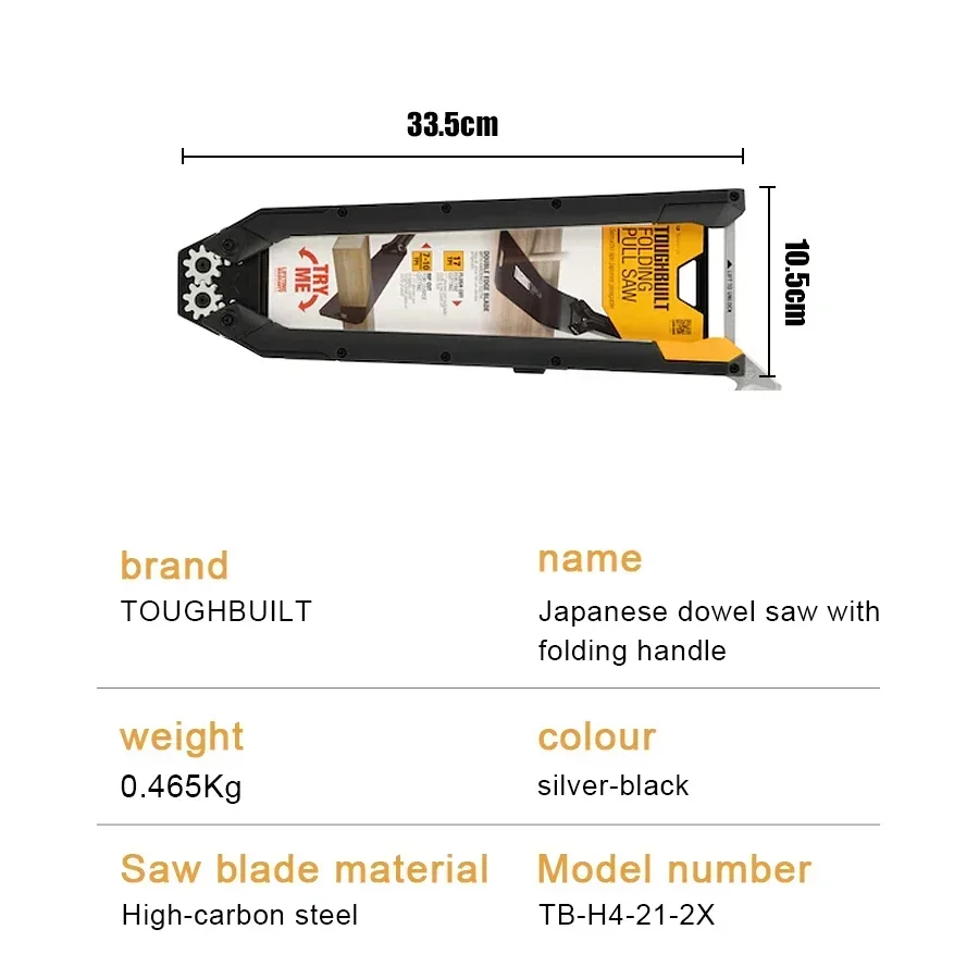 TOUGHBUILT  Folding Handle Japanese-style Wooden Tenon Saw Japanese Dowel Saw with Folding Handle Hand Tools TB-H4-21-2X